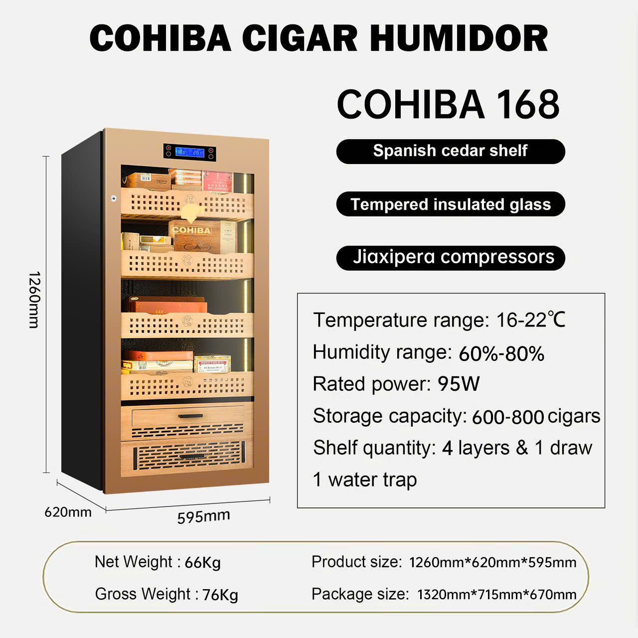 Tủ điện xì gà sức chứa 600-800 Cohiba COB 168 Gold374